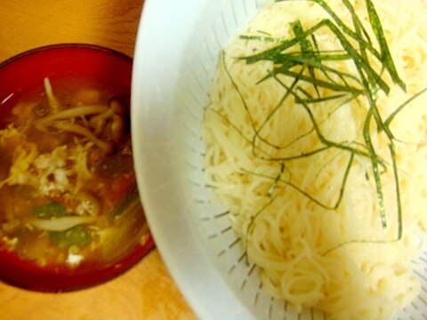 しめじと人参長ねぎ卵のそうめん付け麺